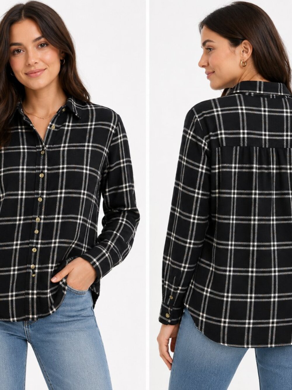 JACHS Girlfriend Women's S Black White Plaid Button Up Shirt Soft Flannel